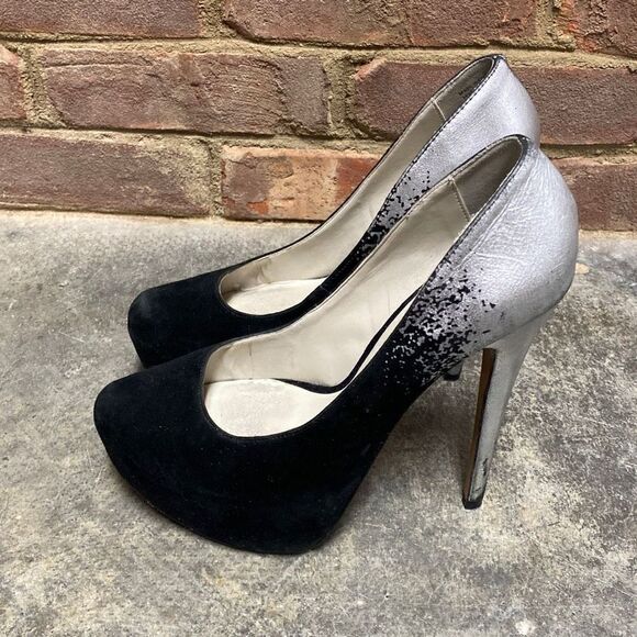 Aldo Black Leather Suede & Silver Platform Stiletto Size 8 - Picture 4 of 12